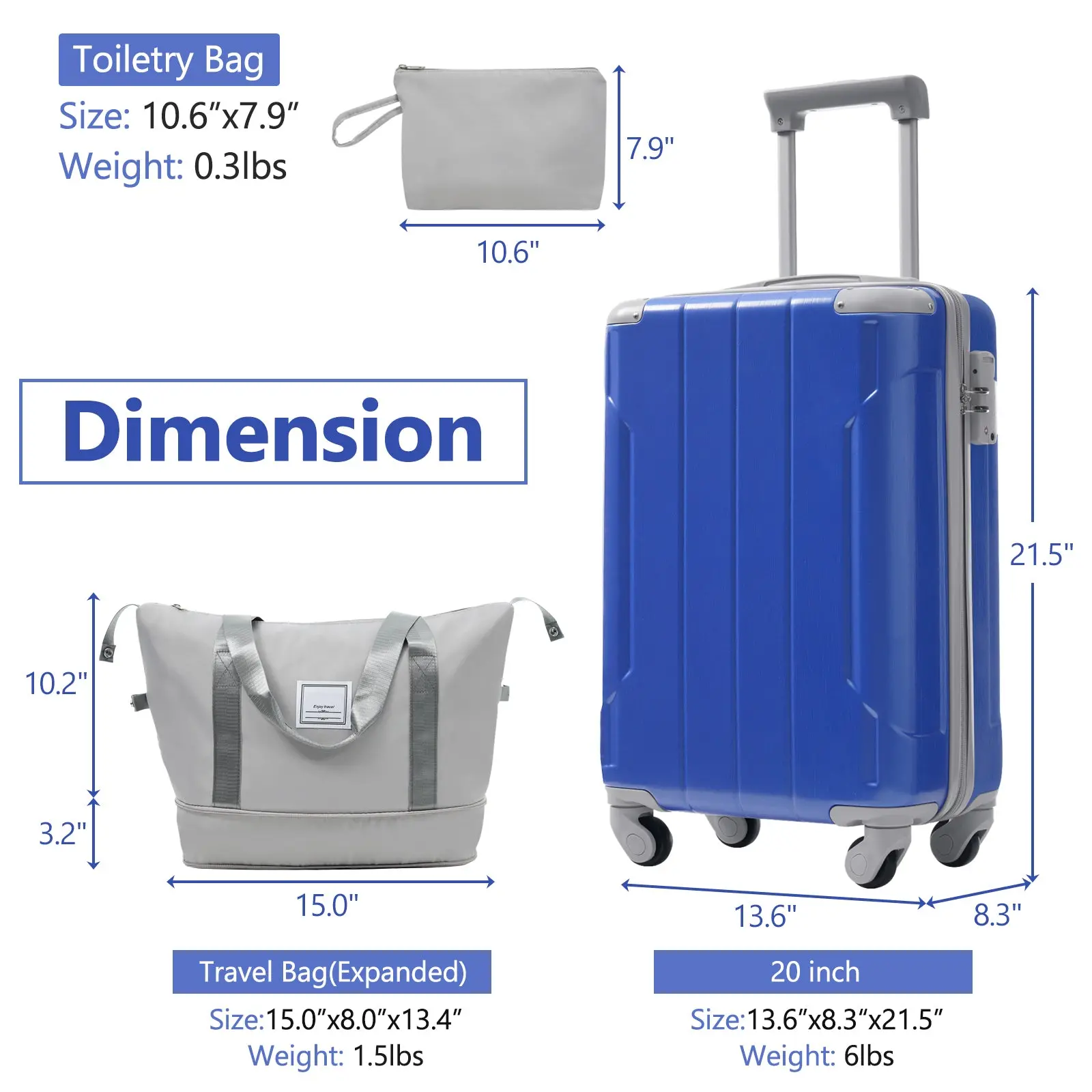 20 Inch Carry-On 3-Piece Hardshell ABS Luggage Set with Spinner Wheels for Travel – Image 2