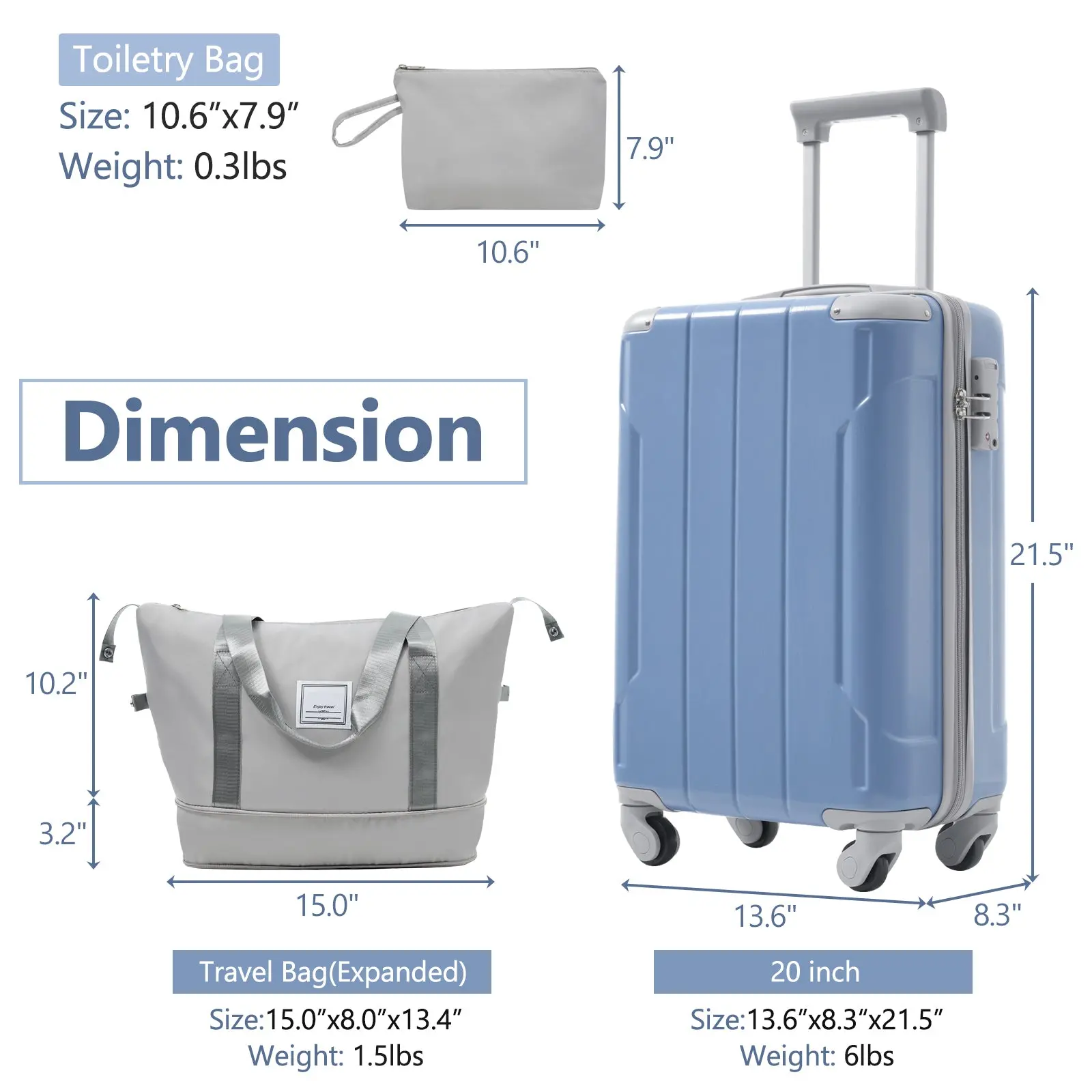 20 Inch Carry-On 3-Piece Hardshell ABS Luggage Set with Spinner Wheels for Travel – Image 13