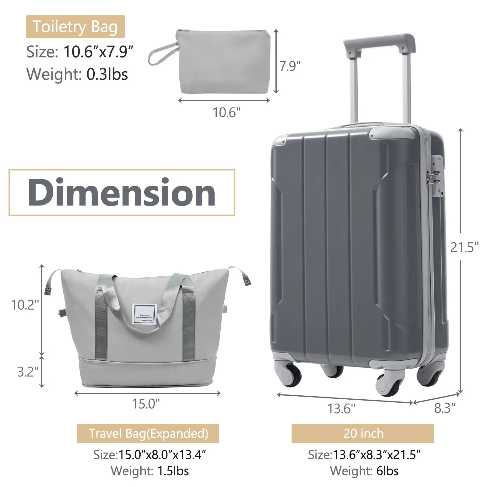20 Inch Carry-On 3-Piece Hardshell ABS Luggage Set with Spinner Wheels for Travel – Image 23