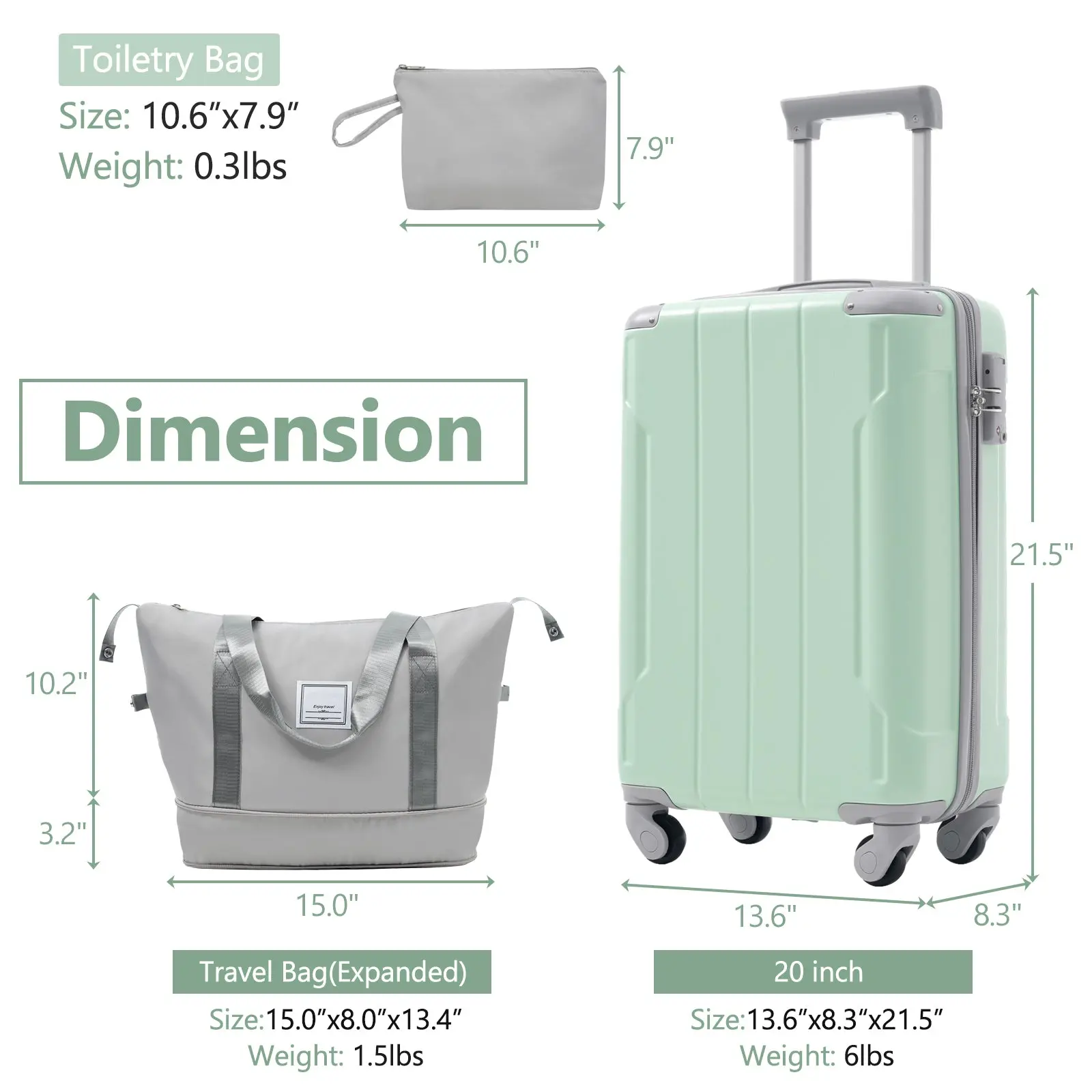 20 Inch Carry-On 3-Piece Hardshell ABS Luggage Set with Spinner Wheels for Travel – Image 33