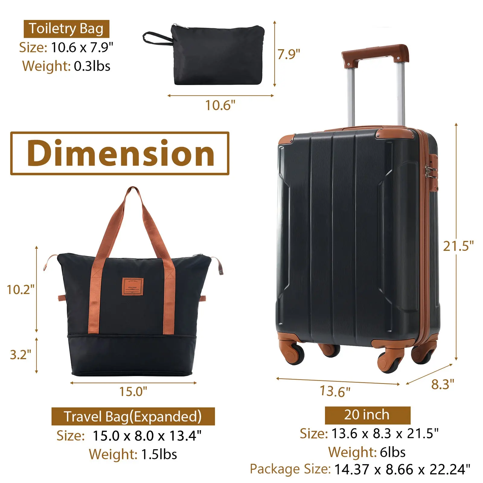 20 Inch Carry-On 3-Piece Hardshell ABS Luggage Set with Spinner Wheels for Travel – Image 44