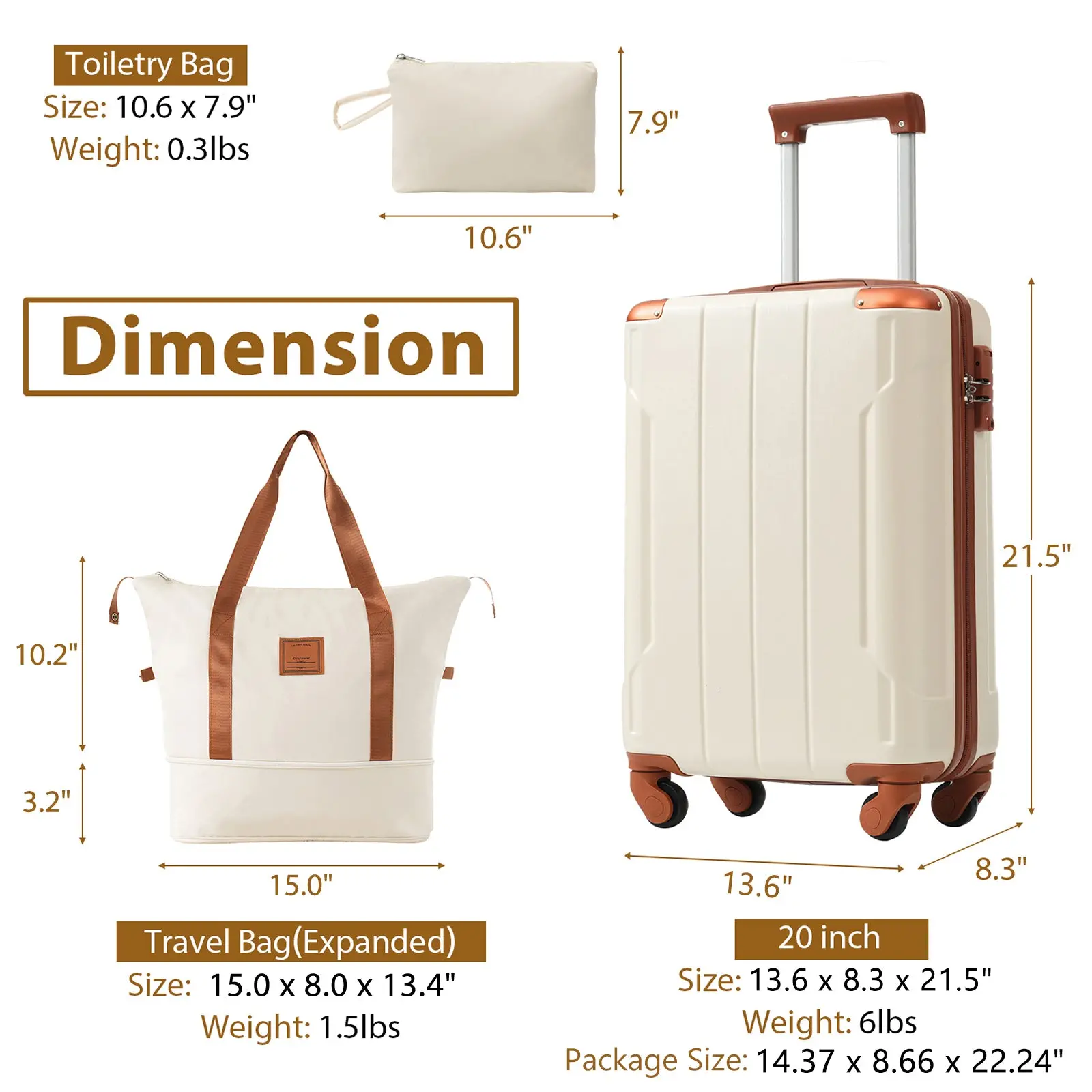 20 Inch Carry-On 3-Piece Hardshell ABS Luggage Set with Spinner Wheels for Travel – Image 62