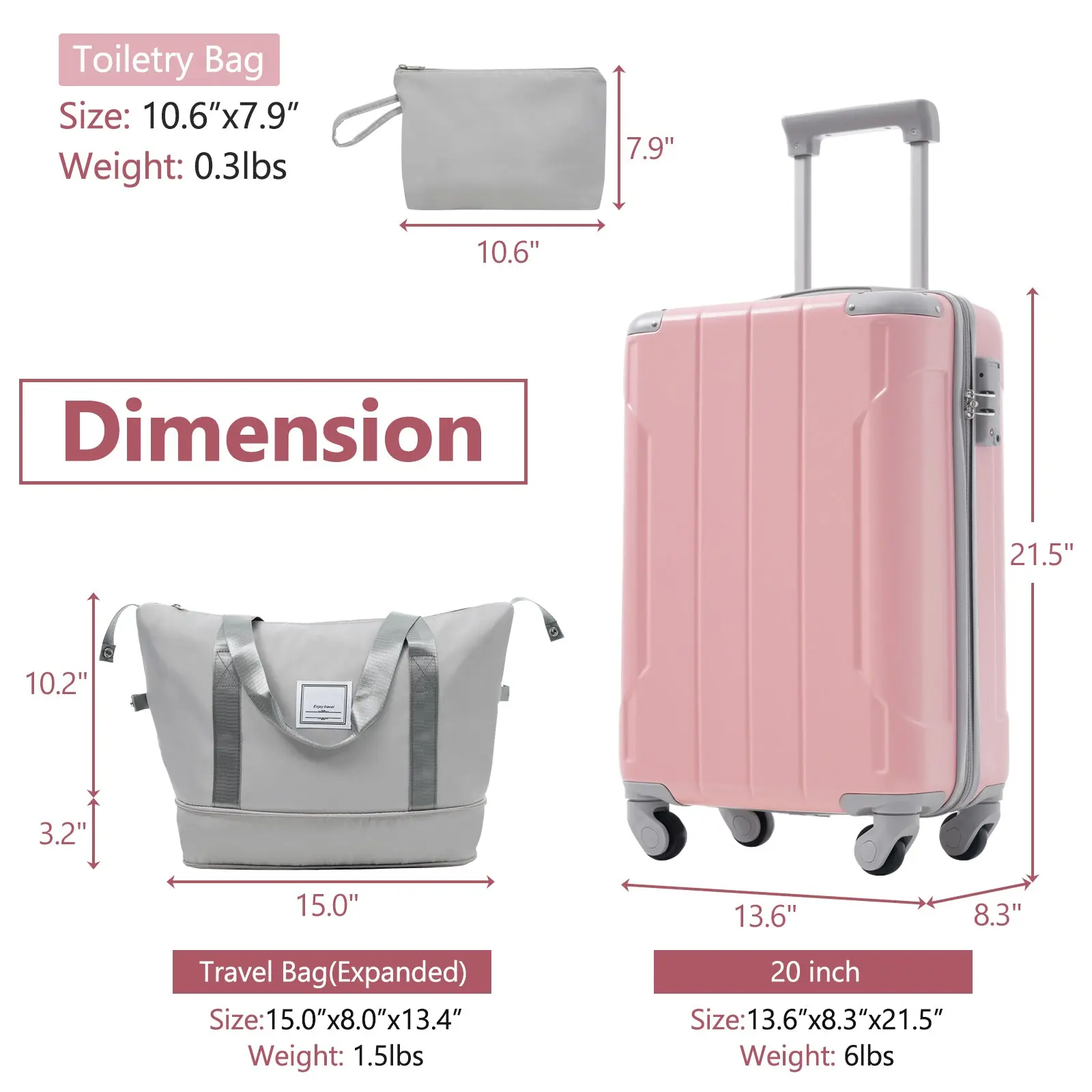 20 Inch Carry-On 3-Piece Hardshell ABS Luggage Set with Spinner Wheels for Travel – Image 77