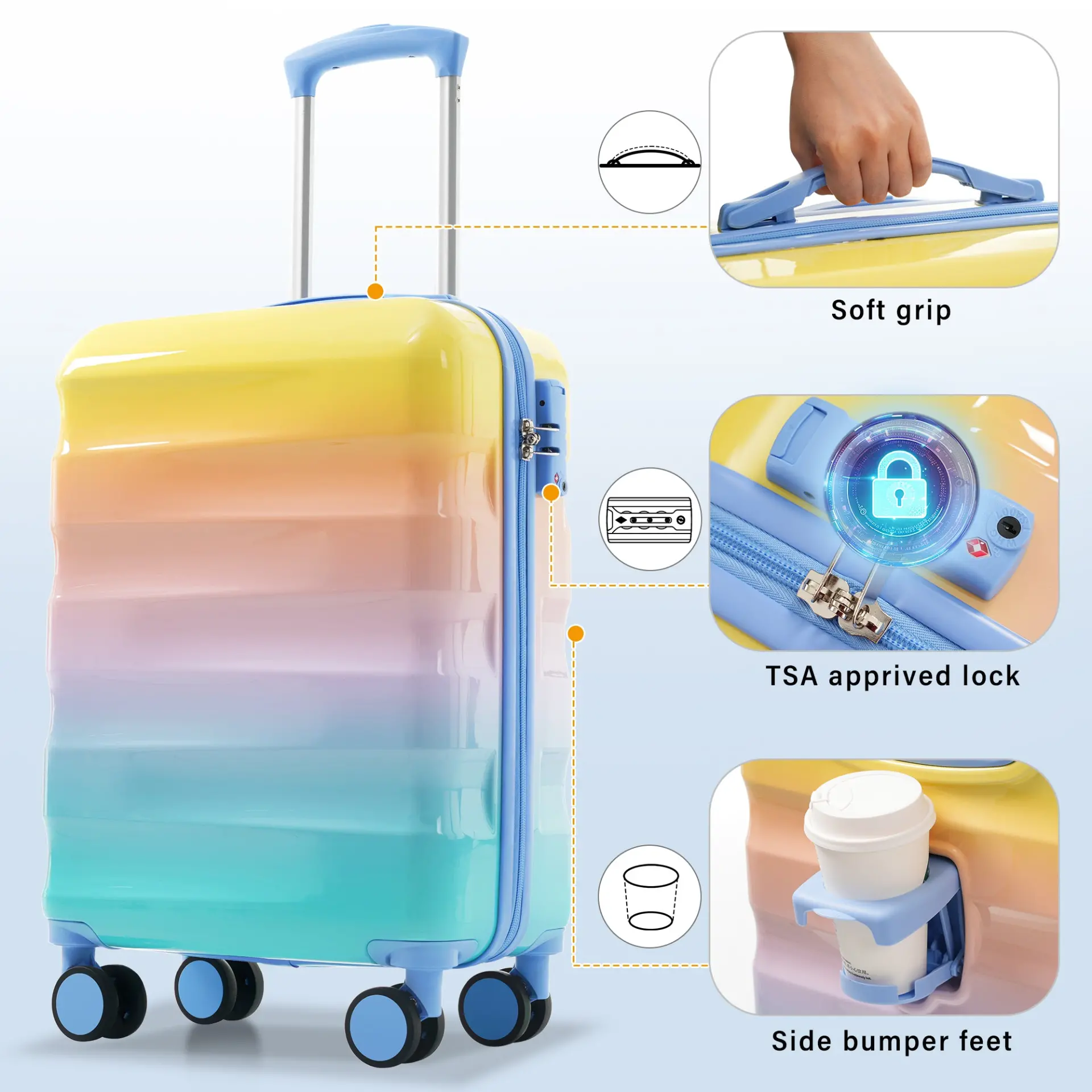 Carry-on Luggage with Cup Holder Lightweight Hardshell Spinner Suitcase with TSA Lock – Image 6