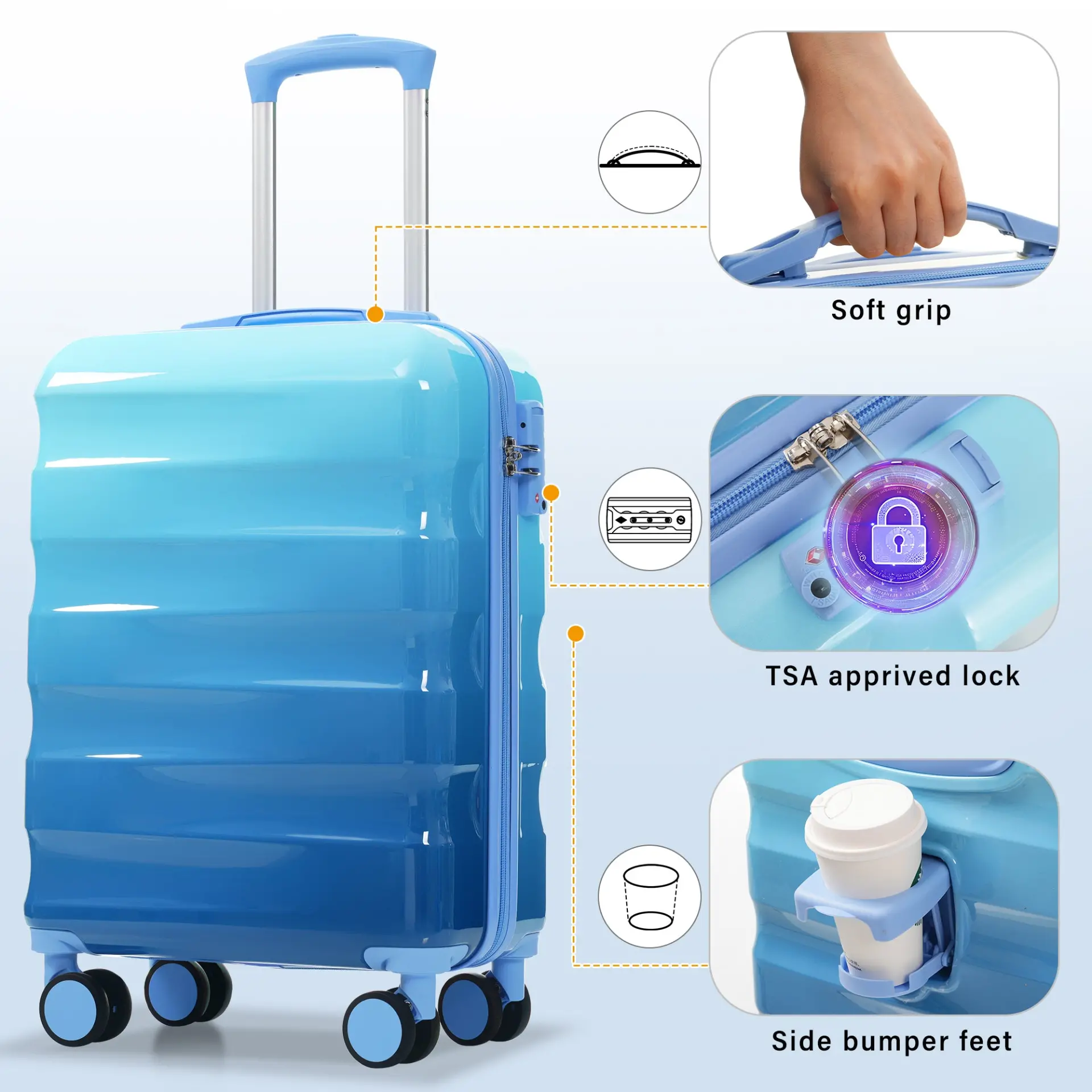 Carry-on Luggage with Cup Holder Lightweight Hardshell Spinner Suitcase with TSA Lock – Image 22
