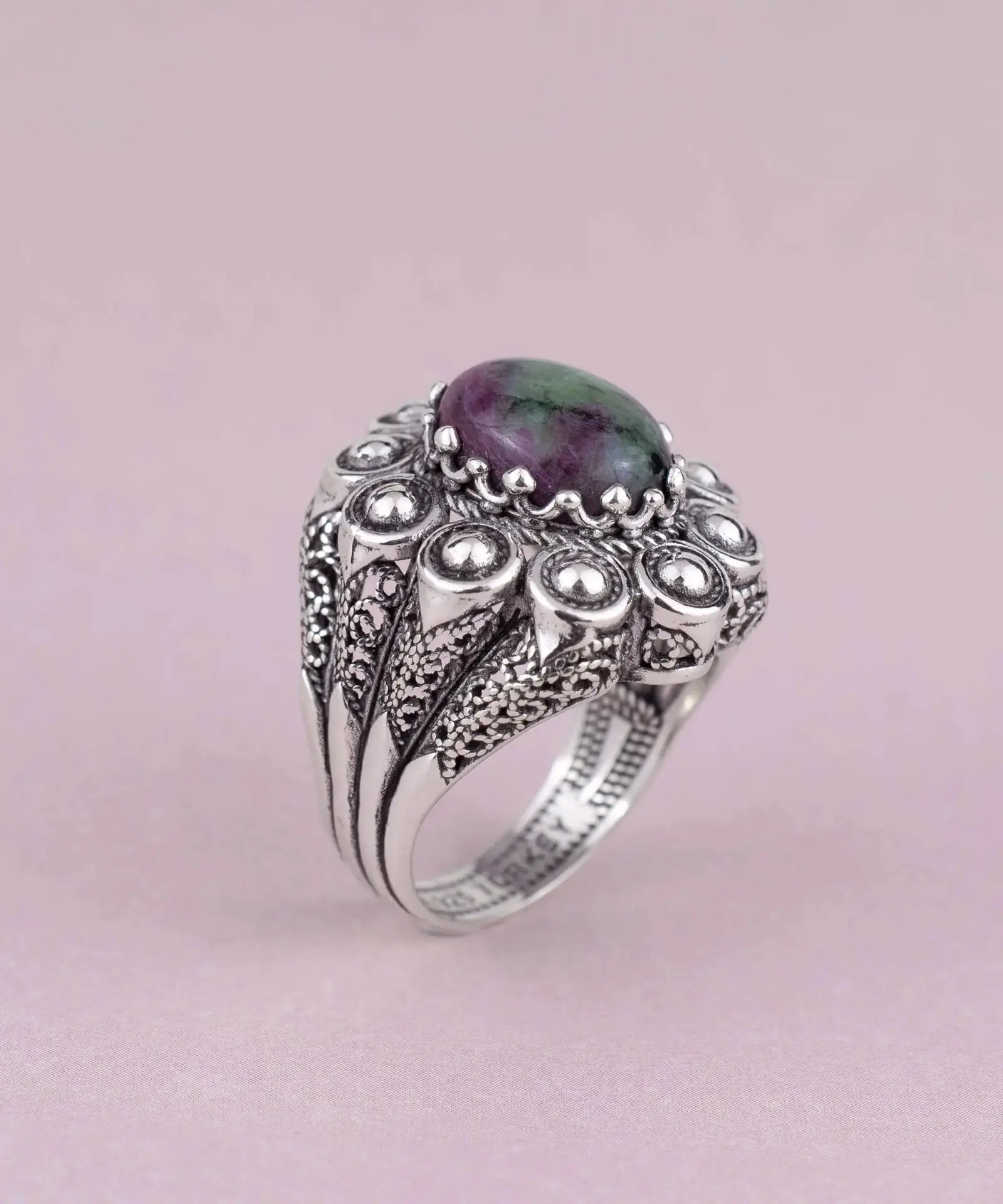 Filigree Art Ruby Zoisite Gemstone Women Statement Dome Ring – Image 4
