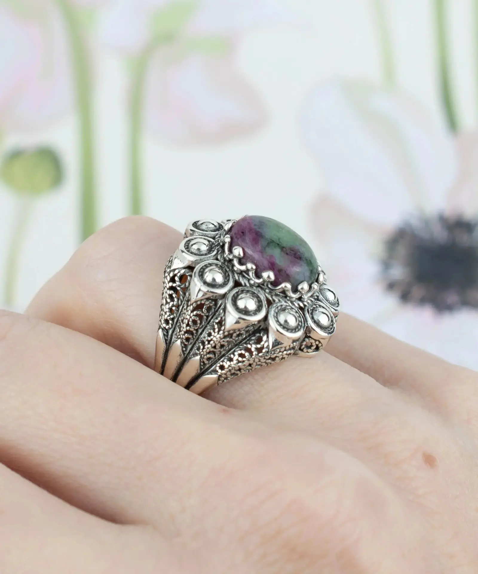 Filigree Art Ruby Zoisite Gemstone Women Statement Dome Ring – Image 2