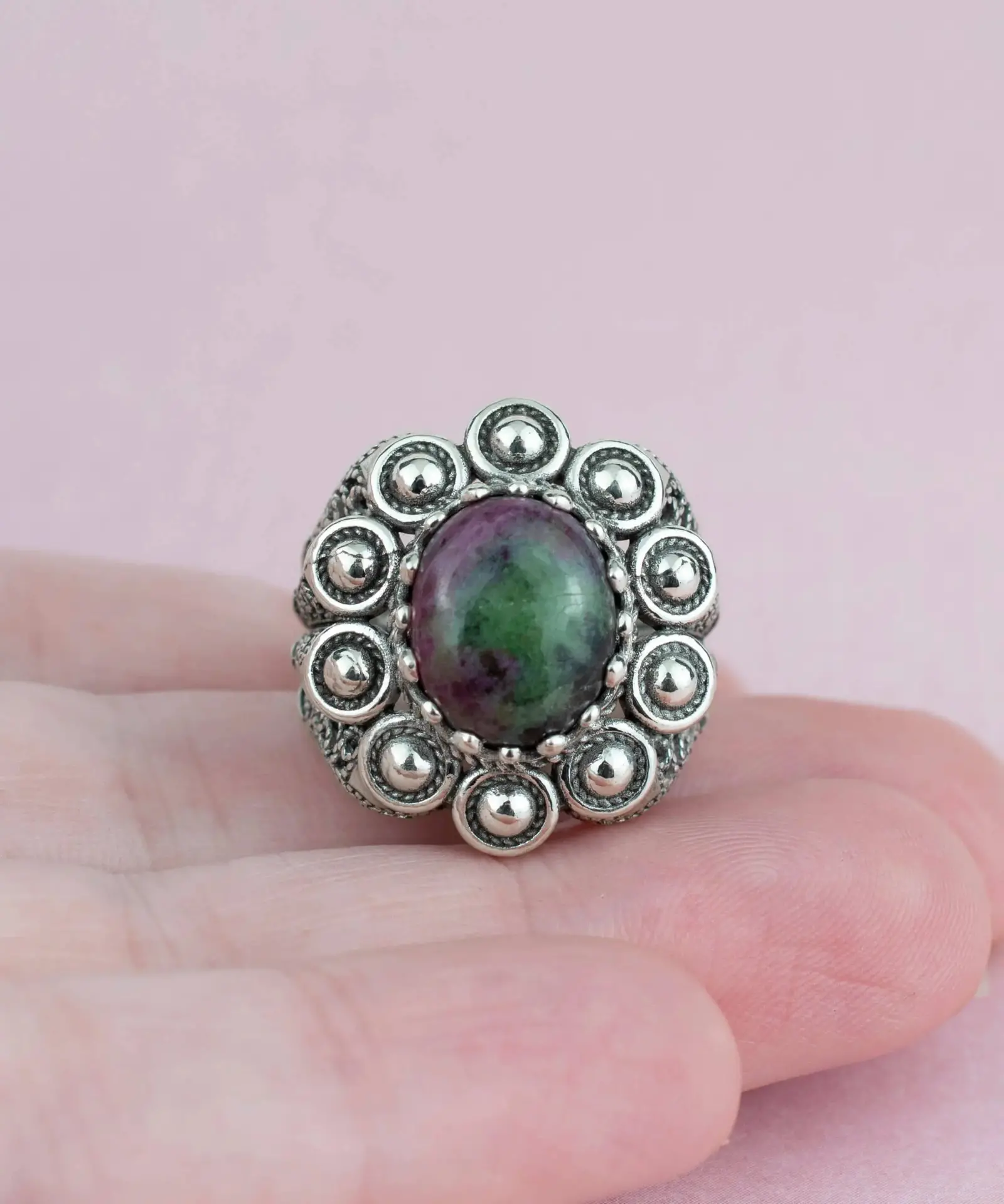 Filigree Art Ruby Zoisite Gemstone Women Statement Dome Ring – Image 3
