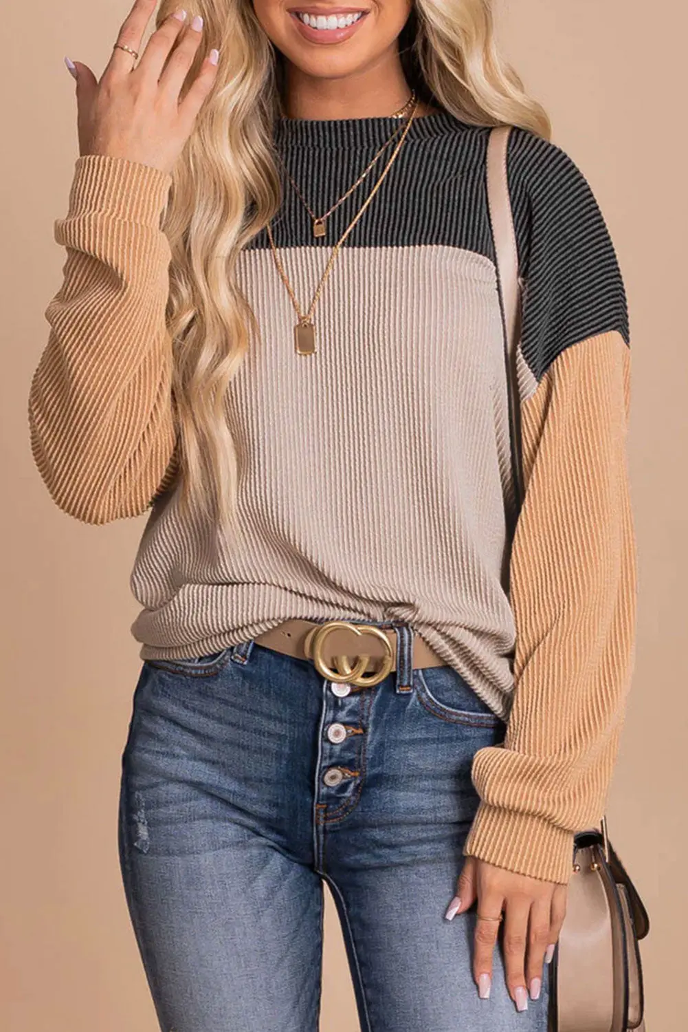 Rachel Block Long Sleeve Ribbed Loose Top – Image 8