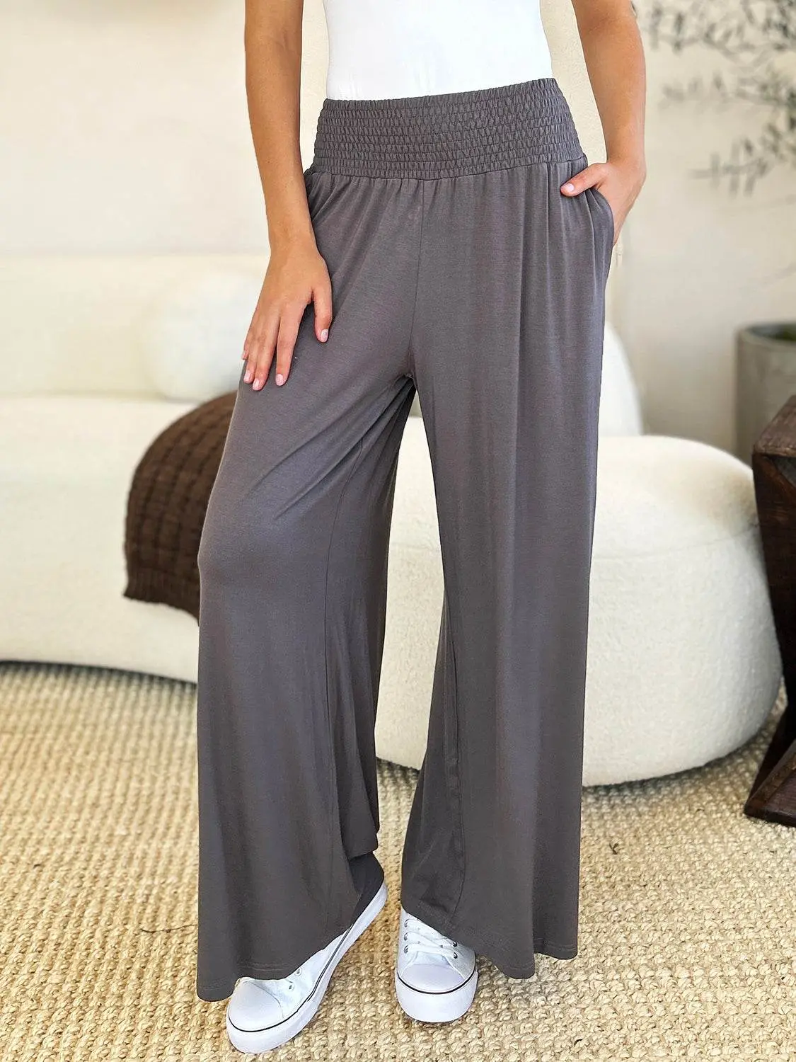 Basic Bae Full Size Smocked Wide Waistband Wide Leg Pants – Image 5