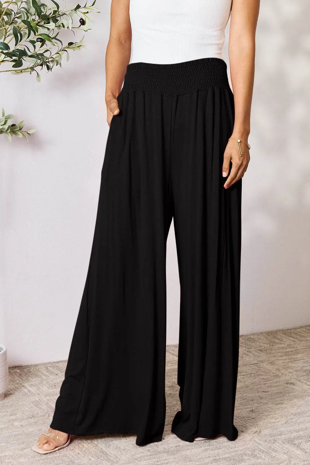 Basic Bae Full Size Smocked Wide Waistband Wide Leg Pants – Image 2